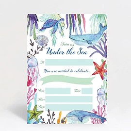 Hip Hip Hooray Under the Sea Themed Birthday Party Invitations Invites Pack of 10 with Envelopes, blue, A6