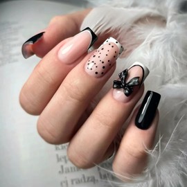 24 Pcs French Tip Black White Press on Nails Medium RIICFDD Square Nude Pink Fake Nails Wave Point Stick on Nails with Bow Nail Charms False Nails Artificial Full Cover Acrylic Nails for Women