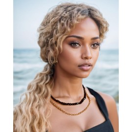 Wizock Irregular Gold Obsidian Beaded Necklace 14k Gold Plated Chain Layered Necklaces for Women Protection and Prosperity Jewelry