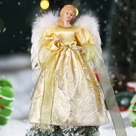 DIYASY Angel Christmas Tree Topper, 12.6" Exquisite Angel Tree Topper Christmas Decoration, Light Up Christmas Tree Angel Topper