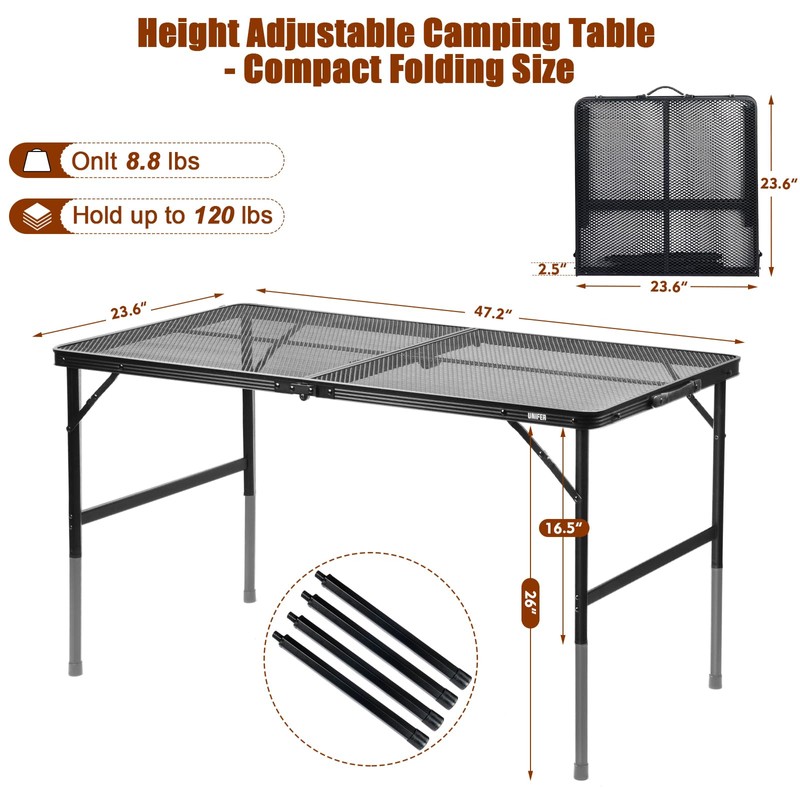 UNIFER Folding Grill Table: 4x2 Ft Portable Camping Table, Lightweight
