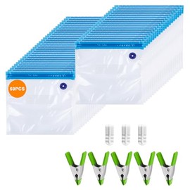 Reusable Sous Vide Bags 58Pcs BPA-Free, 1.4L Vacuum Sealer Bags for Cooking & Microwave, 50 Zipper Bags, 3 Seal Clips ＆ 5 Cooking Clips, Heat-Resistant & Leakproof (8.5x8.5in)