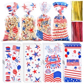 160 Pieces 4 Styles 4th of July Cellophane Treat Bags with Twist Ties, Patriotic USA Flag, Stars, and Fireworks Designs Clear Goodie Bags for Independence Day, Memorial Day, Veterans Day, and Party Favors