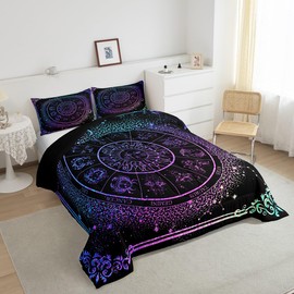Sun and Moon Comforter Set Zodiac Signs Astrology Bedding Set Queen Constellations Galaxy Down Comforter Spiritual Gifts for Girls Teens Women,Trippy Leo Aquarius Quilt Duvet Set Purple Blue 3 Pcs