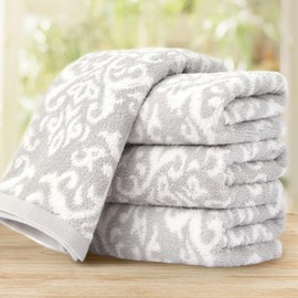 Juego de 4 toallas de mano decorativas para baño, 14 x 32 pulgadas, 100% algodón, secado rápido, suaves, 500 g/m², perfectas para baño, gimnasio, deportes, decoración de baño de Navidad, jacquard, gris damasco, blanco