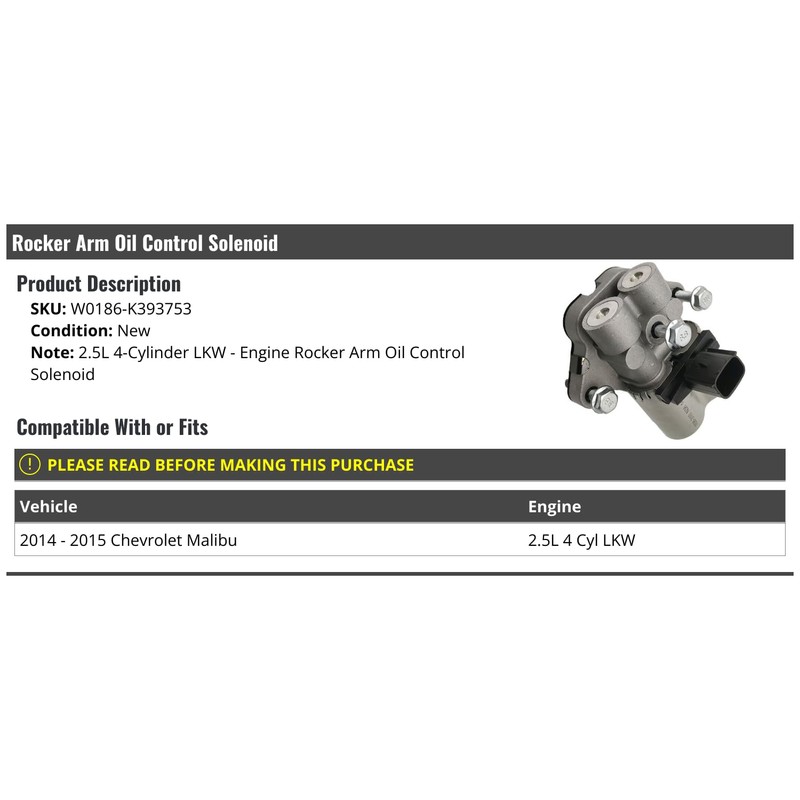 Rocker Arm Control Solenoid - Compatible with 2014-2015 Chevy Malibu