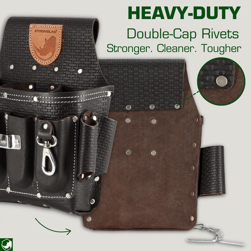 STRONGLAD Heavy-Duty Electricians Tool Belt – 13-Pocket Top-Grain Leather Pouch,