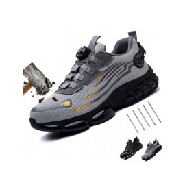 Work shoes for men safe breathable comfortable wet punctured durable sports boots rotary buttons steel toe work shoesColor: Grey, EUR Size: 41