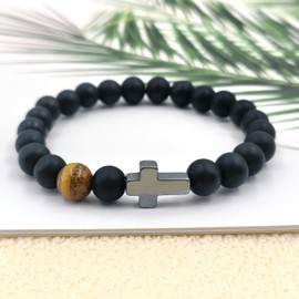 First Communion Gifts for Teens Cross Bracelet for Son Boyfriend Grandson Dad Husband Godfather, Brown Tiger Eye Bracelets Christian Communion Confirmation Religious White Elephant Gifts