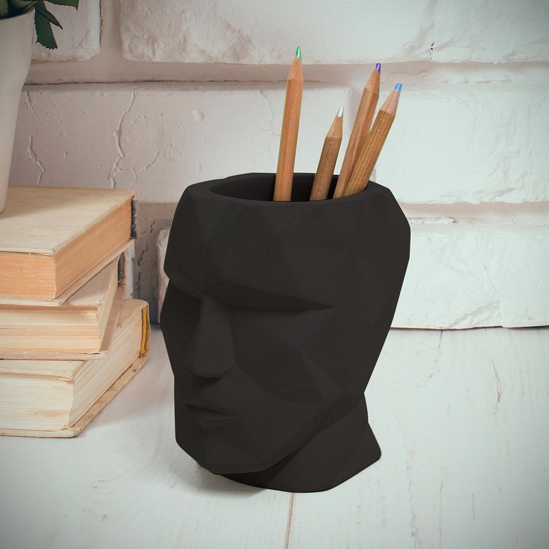 balvi The Head Pen Container Black Geometric Stylized Head Shape