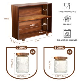 2-Layer Acacia Wood Tea Organizer Rack With 8 Vintage Glass Jar, 17 & 23.7 Oz Tea Tins with Airtight Lids for Loose Leaf Tea Storage, Glass Food Storage Containers for Coffee Candy Spices Nut Cereals