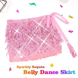 Atigy Pink Sequin Skirt Sparkling Belly Dance Skirt with Fringe Mermaid Costume Skirts for Women, pink, Unit size