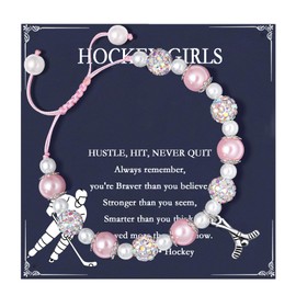 Hockey Bracelet,Pink Gemstone Beaded Jewelry for Girl,Hockey Team Player Inspiration Gifts with Motivation Card