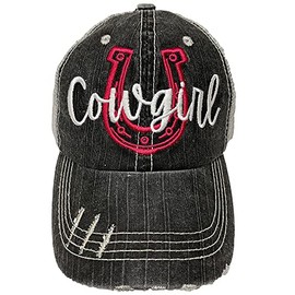 Women's Cowgirl Distressed Baseball Hat (Grey/Pink Ponytail)