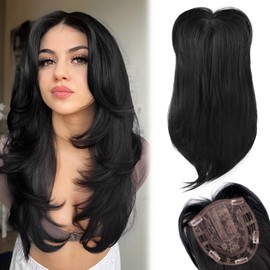 LEEONS Black Hair Topper, Short Layered Hair Topper with Bangs for Women with Thinning Hair 18 Inch Slightly Curled Ends Wiglets Synthetic Fiber Hair Pieces for Women