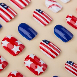 4th of July Press on Nails with White Star Stripe Designs Independence Day Fake Nails Short Square Red Blue Glossy False Nails Glossy Patriotic Acrylic Nails Stick on Nails for Women Nails Art 24 Pcs