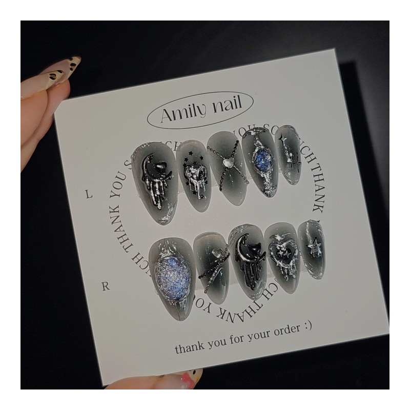 Melting Black Moon [Handmade Nail Tips] Emily Nail - Coffin
