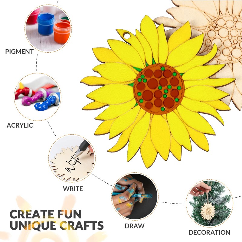 10pcs Unfinished Wood Cutouts Sunflower Wood Shapes Pieces Discs Slices