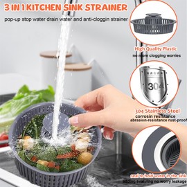 XRR 3 in 1 Kitchen Sink Drain Strainer and Stopper Combo - 304 Stainless Steel Kitchen Sink Pop-up Stopper, Anti-Clogging Kitchen Sink Strainer Basket Filter for for Garbage Disposal without Clogging