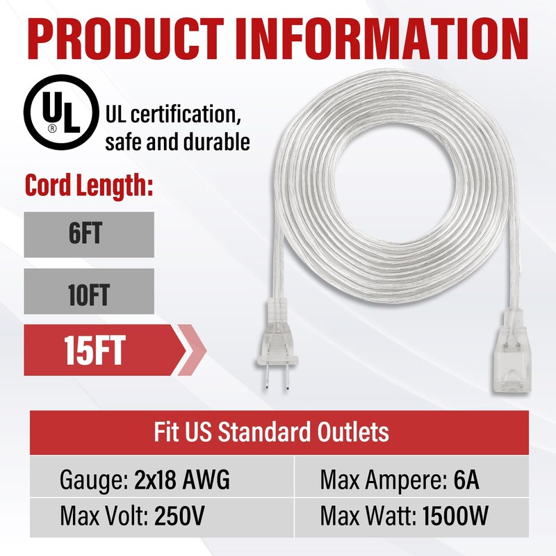 Clear Extension Cord - 15 FT Male to Female Invisible