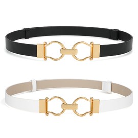 WHIPPY Pack of 2 Leather Belts Women's Thin Leather Belt Slim Waist Belt for Dress Adjustable with Gold Buckle, E-black+white light gold buckle