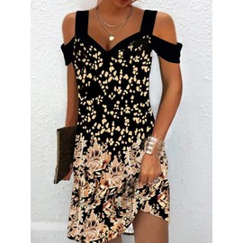 Summer Dresses for Women 2025 V Neck Cold Shoulder Vintage Printed A-Line Dress Beach Vacation Boho Midi Sundress Black Gold L