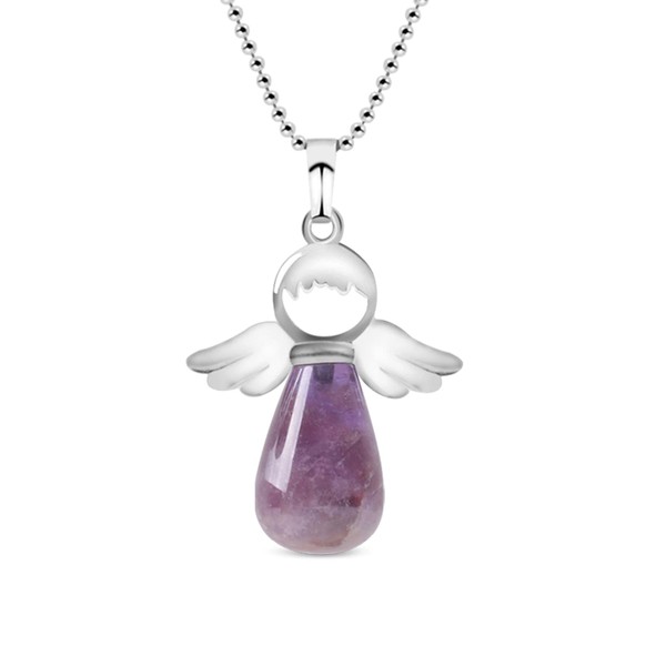 Jeulia Healing Crystal Stone Necklace: Angel Wings Natural Clear Quartz Amethyst/Green Aventurine/Rose Pendant Spiritual Reiki Point Jewelry for Women Girls (Amethyst)