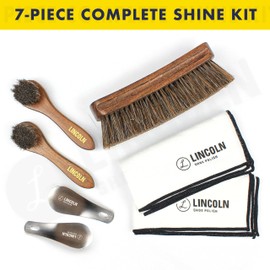 Lincoln Shoe Shine Brush Kit 7 Piece Set – Premium 100% Horsehair Brush Set with 6.7" Shine Brush, 2 Applicators, 2 Shoe Horns & 2 Soft Polish Cloths – Leather Shoe Care Kit for Men & Women