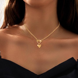 Zeffy Gold Chunky Puffy Heart Necklace Big Heart Chain Link Necklace Toggle Clasp Heart Charm Necklaces Birthday Christmas Gifts for Women Jewelry