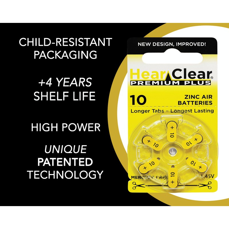 HearClear Size 10 PR230 1.45V Hearing Aid Batteries Yellow Tab