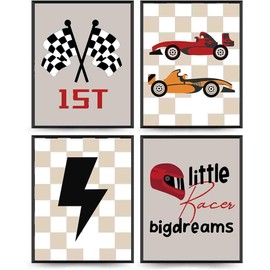Racing Car Nursery Wall Art Prints,Modern Sport Race Car Buffalo Plaid Decor,Inspirational Boys Room Quote Dream Big Little Racer Wall Art for Boys Playroom Decor,Nursery Toddler Bedroom Decor,Set of