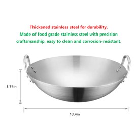 lxkj 13 Inch Stainless Steel Wok, Double Ear Stainless Steel Wok, Multifunctional Wok, Suitable for Gas Stoves, Dishwashers, and Oven Grills.