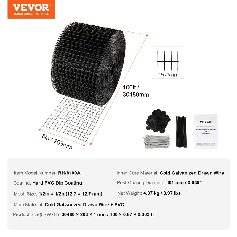 VEVOR 8 inch x 100ft Solar Panel Bird Guard, Critter