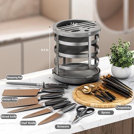 Knife Block Without Knives, VSIAISV Universal Knife Holder and Kitchen Utensil Holder Stainless-Steel and PP Knives Storage 10 Slots with Rotating Countertop Large Capacity Knife Organizer (Grey)