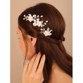 Deniferymakeup 3PCS White Rose Floral Hair Comb Set Leaf Hair Comb Handmade Pearl Hair Piece for Wedding Brides Bridesmaid Women and Girls (Silver)