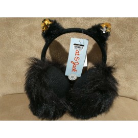 Cat & Jack OSFM Girls Earmuffs One Size Black W Gold Sequin Soft Plush Knit