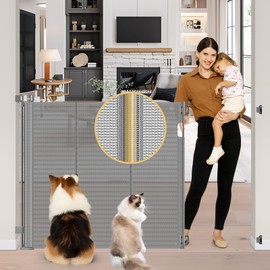 Reinforced 42" Extra Tall Baby Gate 55" Wide Retractable Dog Gate with Support Rods - Bottom Anti-Escape, Extra Tall Pet Gate Indoor Stair Gate Retractable Gates for Dogs Outdoor Gates for Decks, Gray