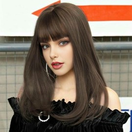 Creamily Dark Brown Wig with Bangs for Women Long Straight Layered Wigs Synthetic Hair Natural Wig for Women Girls Party Cosplay and Daily Use 20 Inches