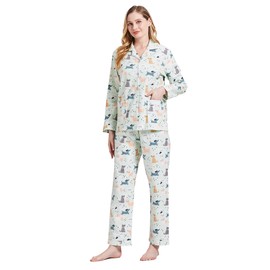 GLOBAL Women's Flannel Pajamas Set 100% Cotton PJs for Women Long Sleeve Button Drawstring Waist Warm Loungewear Sleepwear