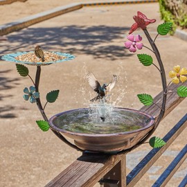 Solar Bird Bath,Deck Bird Bath with Solar Fountain,Metal Bird Bath Bubbler,Deck Mounted Bird Bath and Bird Feeder,Balcony Bird Bath,with Adjustable Heavy Duty Clamp for Patio Porch Garden