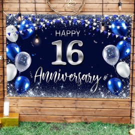 Happy 16th Anniversary Backdrop Banner Decor Navy Blue – Silver Glitter Happy 16 Years Wedding Anniversary Party Theme Decorations for Women Men Supplies