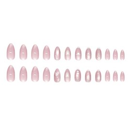 Cat's Eye Press on Nails Almond Medium Fake Nails French Tip Glue on Nails Press ons Cute False Nails with Heart Bow Design Artificial Acrylic Nail Kit Glossy Stick on Nail for Women Manicure 24Pcs