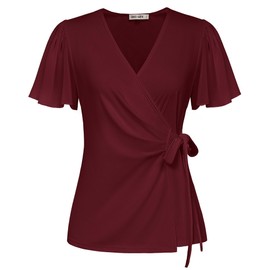 GRACE KARIN Women 2024 Chiffon Dressy Blouse Short Sleeve Flattering Wickelbluse Elegant V-Neck Shirts Burgundy XL