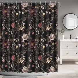 MEHOFOND Black Floral Shower Curtain Retro Flower Rustic Peony Shower Curtain for Bathroom Cottagecore Plant Leaves Boho Home Bathtub Decor Fabric Waterproof Bath Curtain with 12 Hooks 72x72 Inch