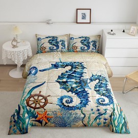 Seahorse Comforter Set Queen Size Ocean Animal Bedding Set 3pcs for Kids Teens Room Decor,Teal Blue Sea Horse Marine Mediterranean Style Design Quilt Set Soft Duvet Insert with 2 Pillowcases