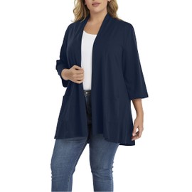 Shiaili Cárdigan largo de talla grande para mujer, fácil de llevar, ropa frontal abierta, Manga 3/4 Azul Marino, 5X