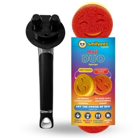 The Original Smiling Sponge Handle Soap Dispensing Handle by Smilyeez - (Black) & 3 Scrub Moji Duo Sponges