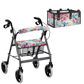 Uacyareni Rollator Walker Seat Covers with Under Seat Storage Bag Sets for Seniors Hummingbird Pink Floral Universal Rollator Walker Seat and Backrest Covers Tote Organizer Pouch