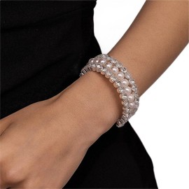 Chargances Chunky Faux Pearl Bracelet for Women 3-Row Layered Crystal Rhinestone Stackable Wrap Open Cuff Bangle for Bridal Wedding Prom (Style 1)