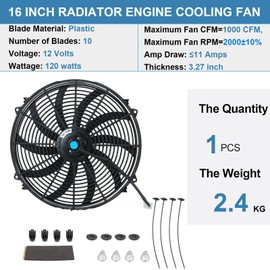 16 Inch Universal Slim Fan Push Pull Electric Radiator Cooling Fan 12V 120W with Mount Kit